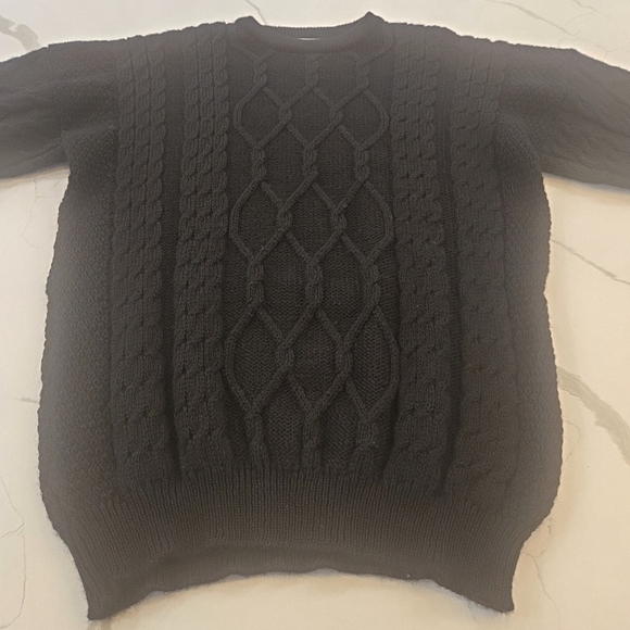VTG Made In Ireland 100% Wool Chunky Fishermans Cable Knit Sweater Black Large - Picture 1 of 7